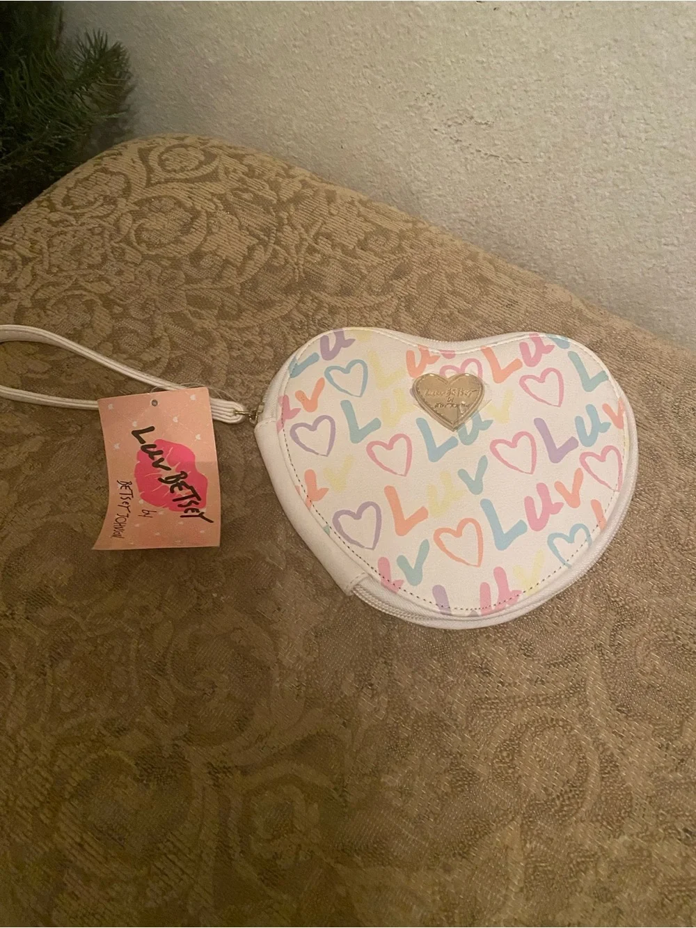 Betsey Johnson White Heart Crossbody with Pastel 'Luv' Print